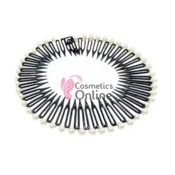 Bentite pentru cap din plastic tip pieptene BDP028EE Negre cu perle Albe - 2 bucati